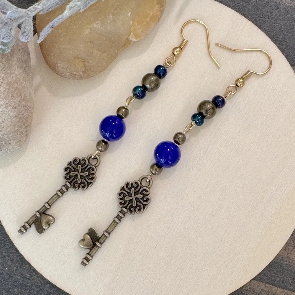 Antique Key Dangle Earrings with Blue Beads
